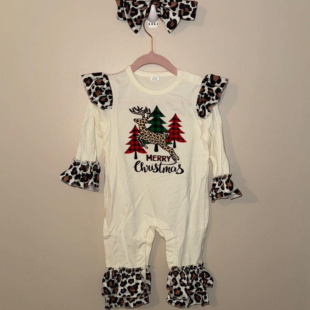 NWOT Christmas Baby Romper with Leopard Print Accents